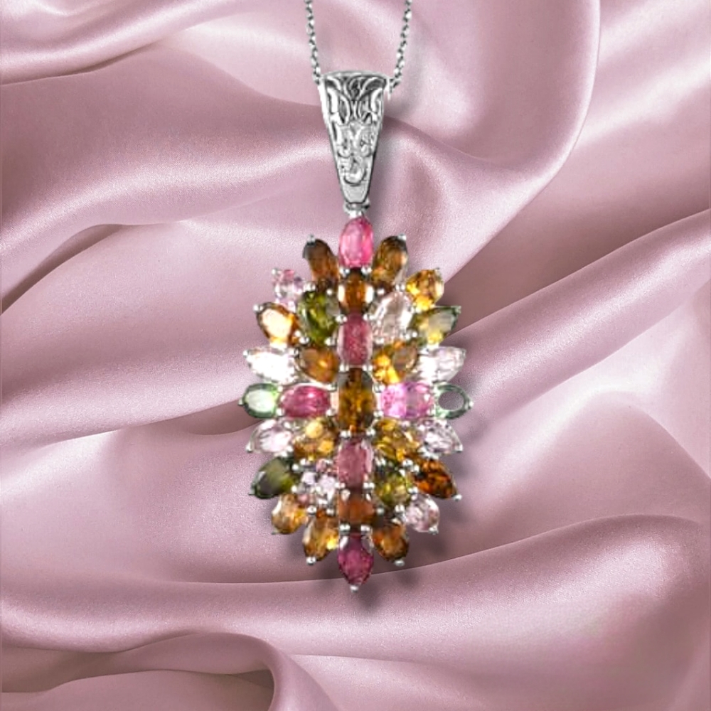 NWT MULTI-TOURMALINE FLORAL SPRAY NECKLACE IN PLATINUM OVER STERLING SILVER